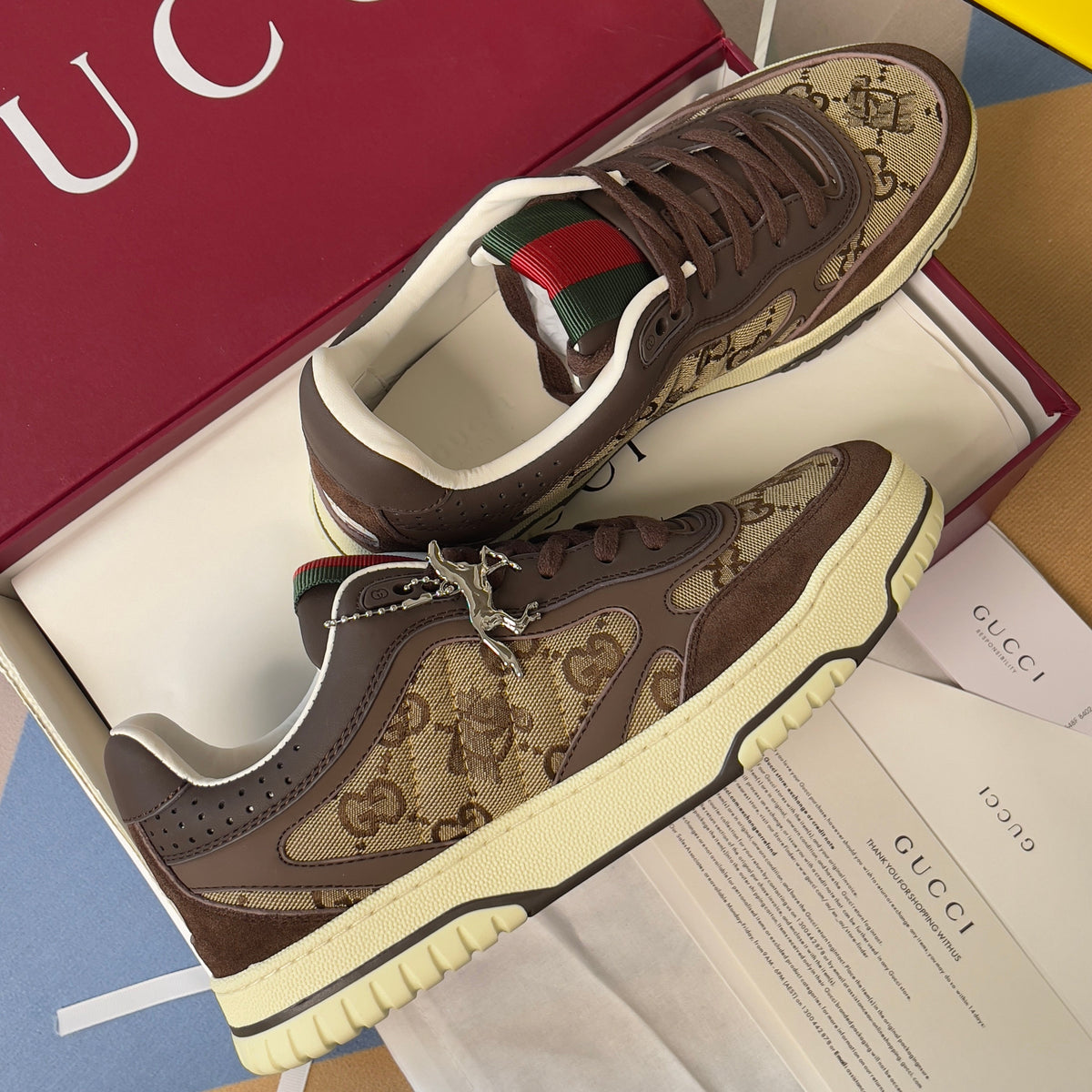 GG Women's Re-Web Trainers Beige Brown Cowhide Canvas 609257