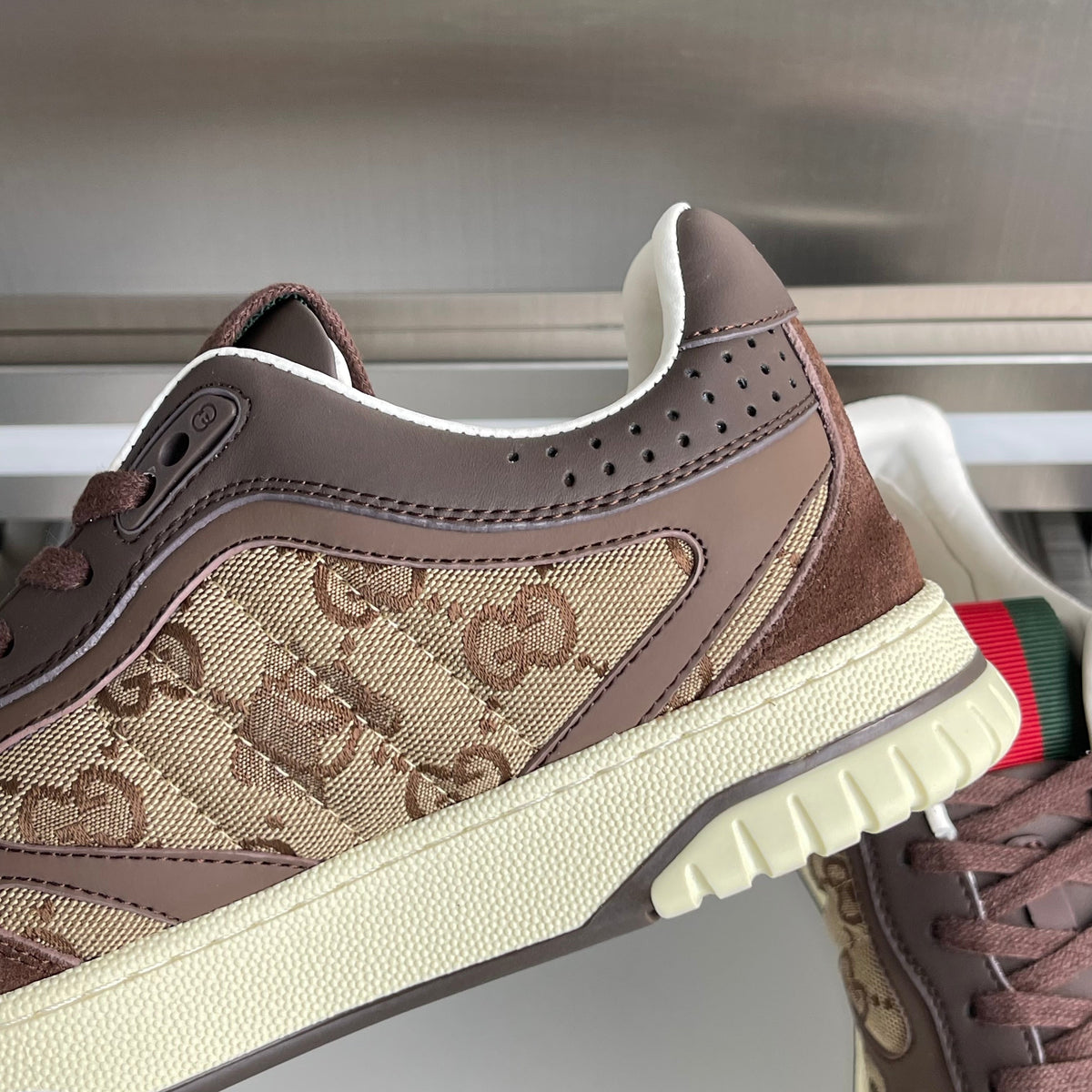 GG Women's Re-Web Trainers Beige Brown Cowhide Canvas 609257
