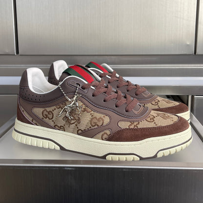 GG Women's Re-Web Trainers Beige Brown Cowhide Canvas 609257