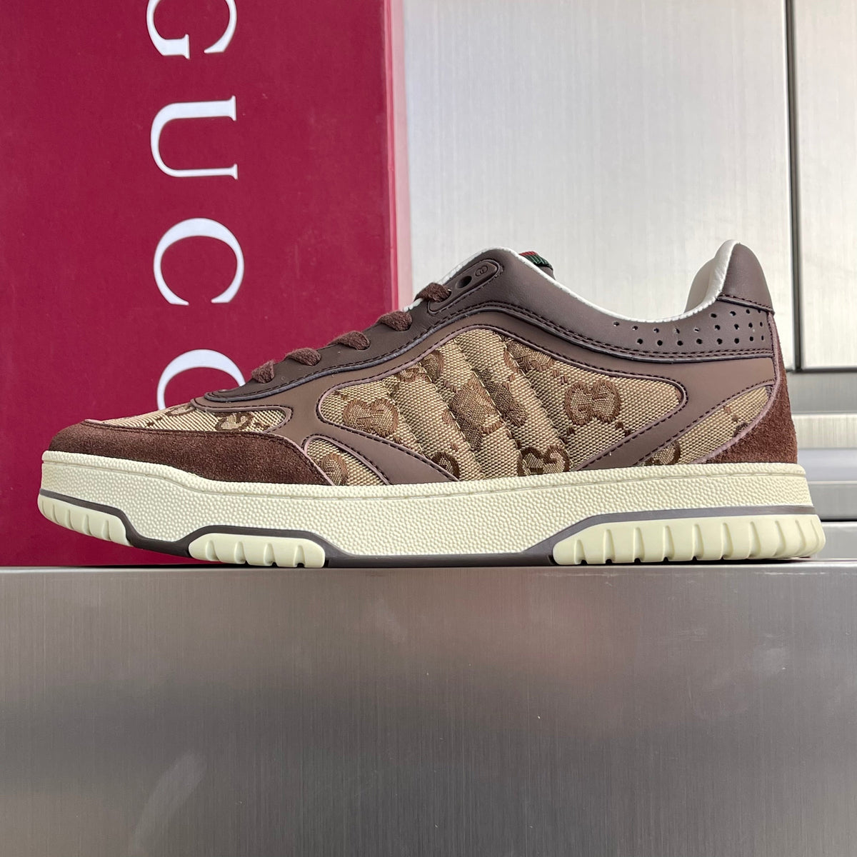 GG Women's Re-Web Trainers Beige Brown Cowhide Canvas 609257