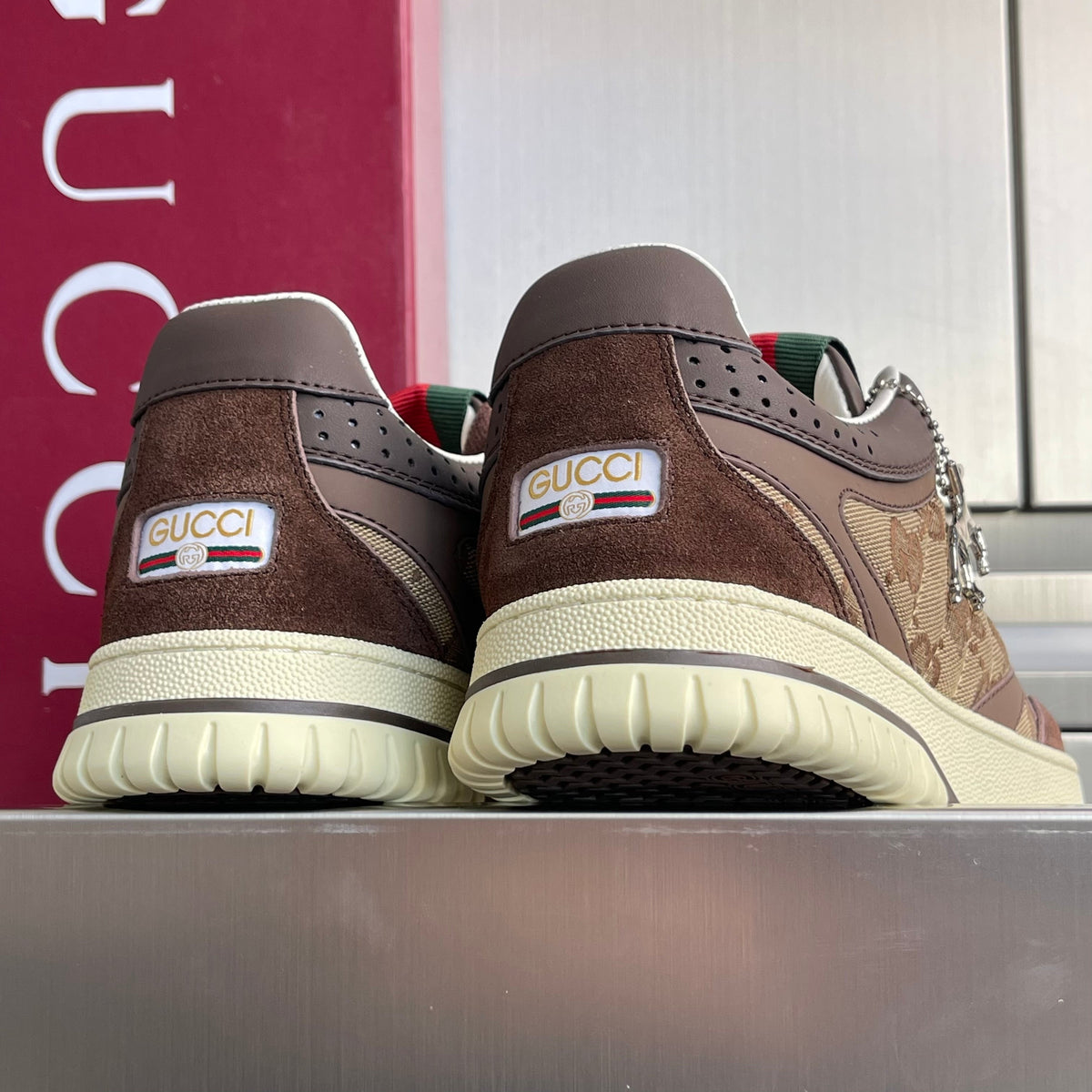 GG Women's Re-Web Trainers Beige Brown Cowhide Canvas 609257