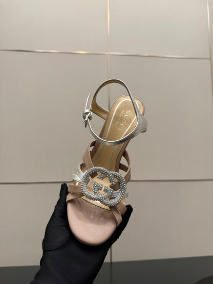 GG Pump 10.5cm With Crystal Interlocking G Beige Sliver Leather