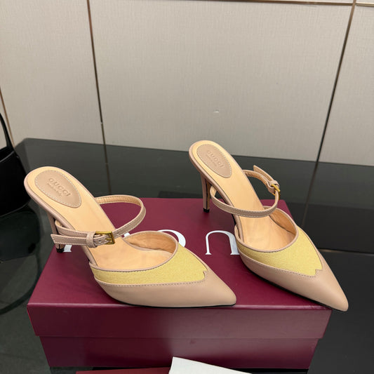 GG Pointed-Toe Mules 9.5cm Beige Cowhide 725301