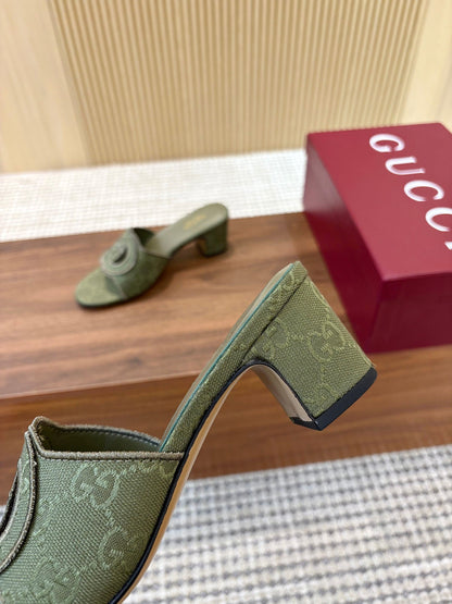 GG Interlocking G Cutout Sandals 5.5cm Olive Green Canvas 646505