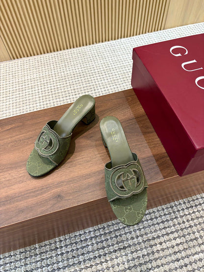 GG Interlocking G Cutout Sandals 5.5cm Olive Green Canvas 646505