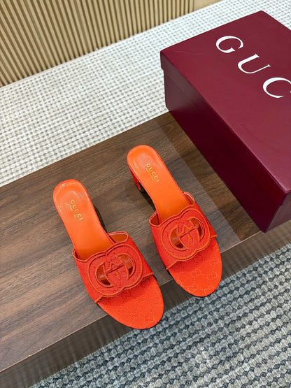 GG Interlocking G Cutout Sandals 5.5cm Orange Canvas 646504