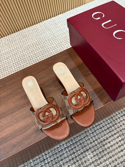 GG Interlocking G Cutout Sandals 5.5cm Brown Beige Sheepskin Canvas 646501