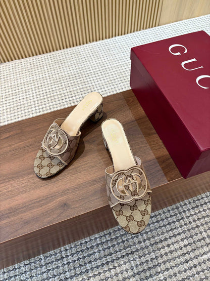 GG Interlocking G Cutout Sandals 5.5cm Khahi Beige Sheepskin Canvas 646500