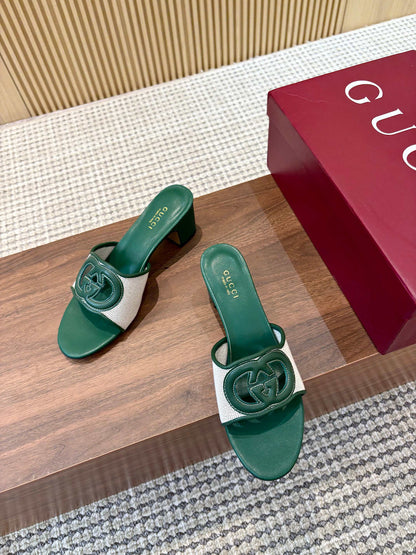 GG Interlocking G Cutout Sandals 5.5cm Teal Green Sheepskin Mesh 646496