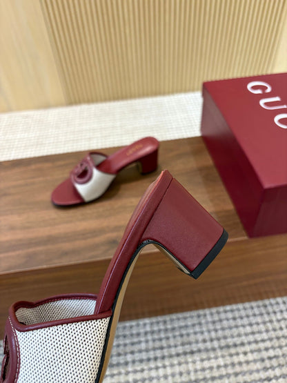 GG Interlocking G Cutout Sandals 5.5cm Burgundy Sheepskin Mesh 646495