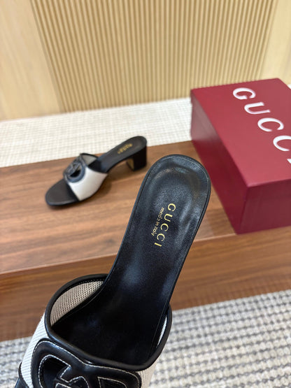GG Interlocking G Cutout Sandals 5.5cm Black Sheepskin Mesh 646493