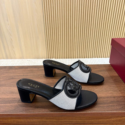 GG Interlocking G Cutout Sandals 5.5cm Black Sheepskin Mesh 646493