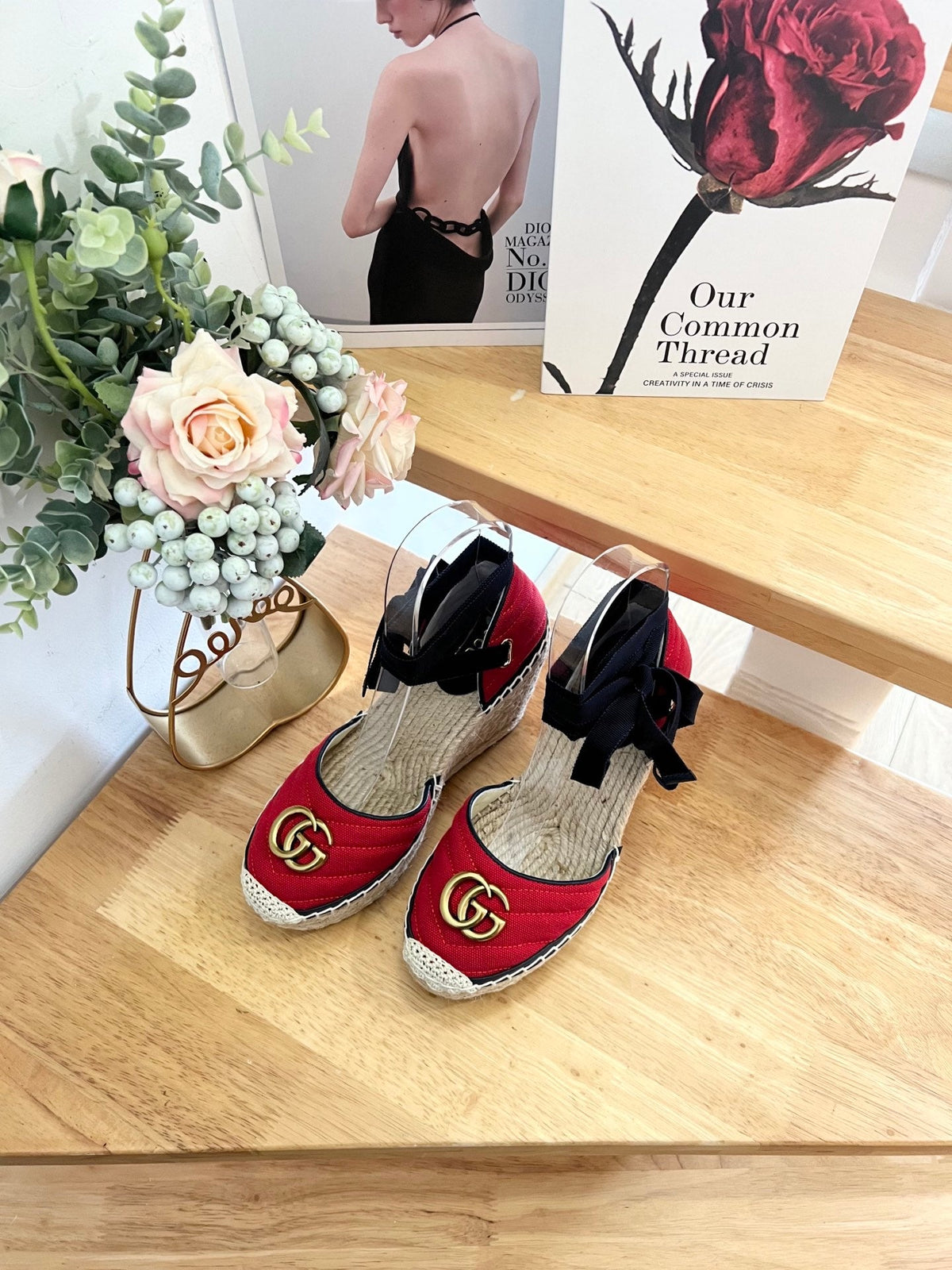 GG 26ss Platform Wedge Sandals 10cm Red Straw Canvas 692206