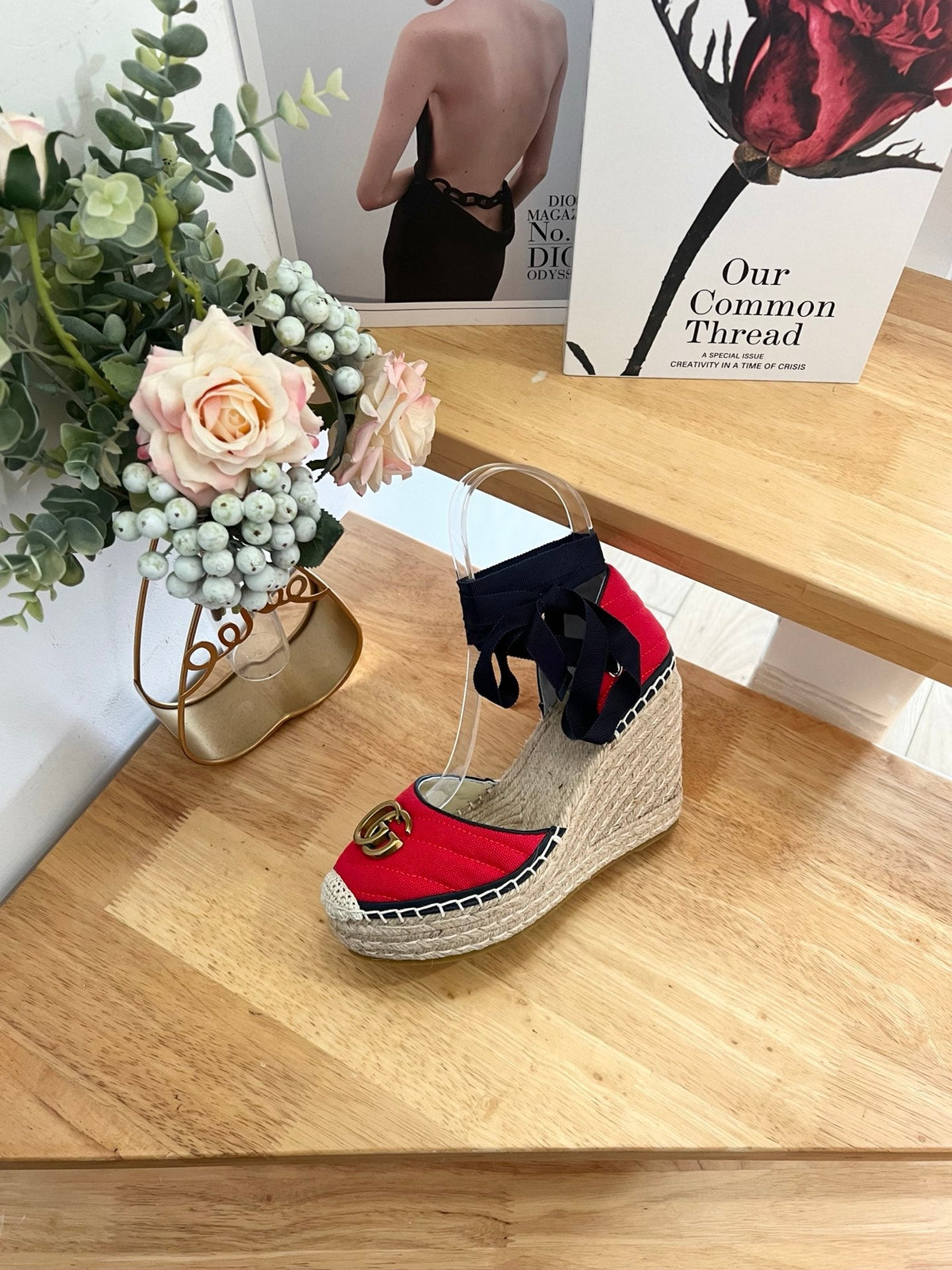 GG 26ss Platform Wedge Sandals 10cm Red Straw Canvas 692206