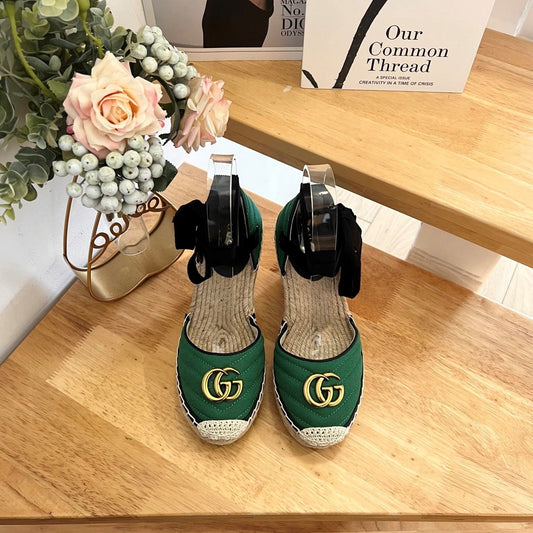 GG 26ss Platform Wedge Sandals 10cm Green Straw Canvas 692207
