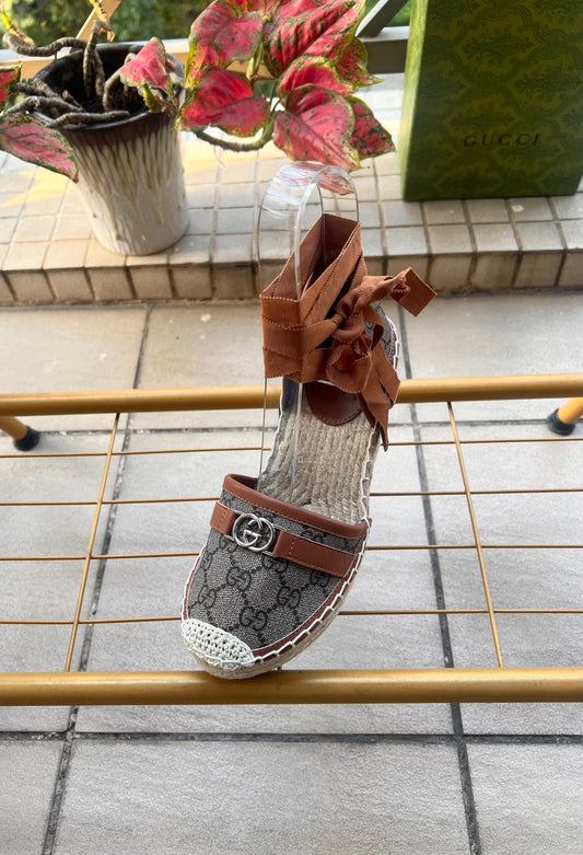 GG 26ss Platform Wedge Sandals 10cm Coffee Brown Straw Canvas 692210