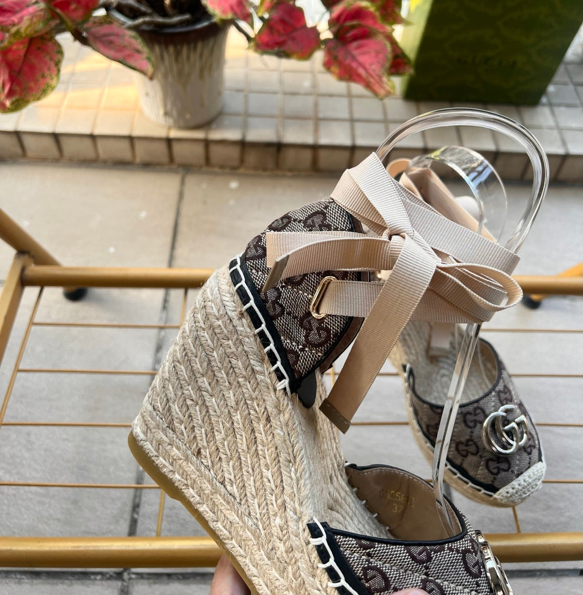 GG 26ss Platform Wedge Sandals 10cm Coffee Straw Canvas 692211
