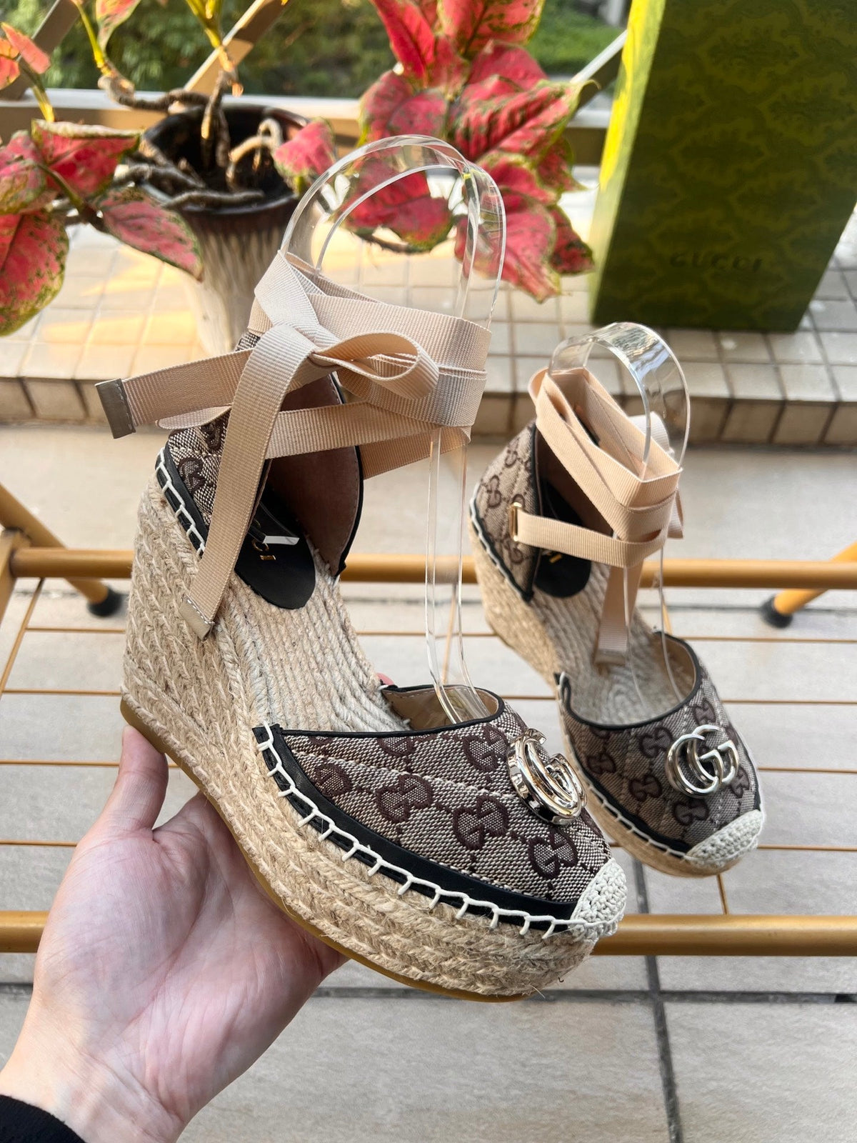 GG 26ss Platform Wedge Sandals 10cm Coffee Straw Canvas 692211