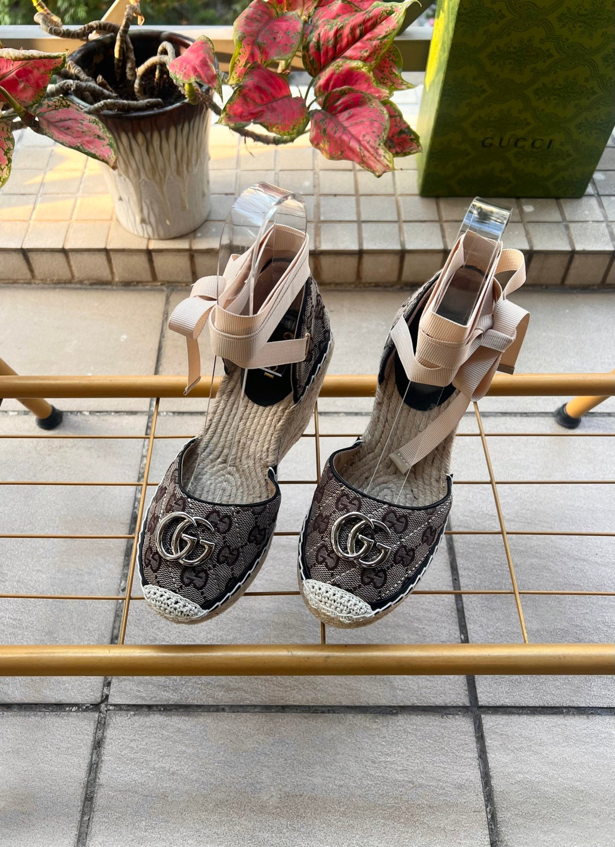GG 26ss Platform Wedge Sandals 10cm Coffee Straw Canvas 692211