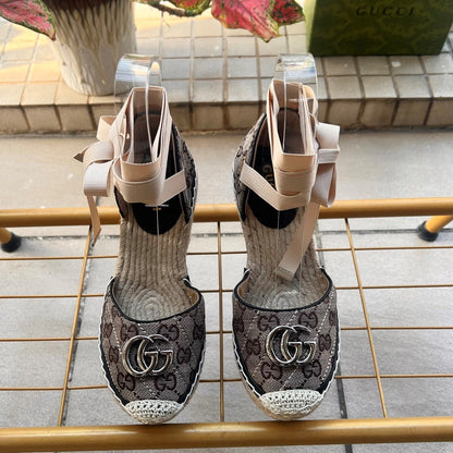 GG 26ss Platform Wedge Sandals 10cm Coffee Straw Canvas 692211