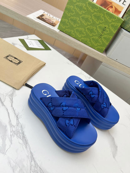 GG waterproof platform slippers blue fabric