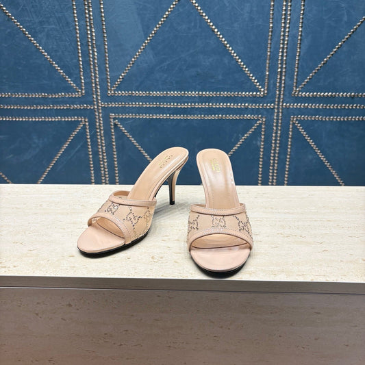 GG Women's Crystal Slide 8.5cm Sandal Beige Mesh Leather 741295