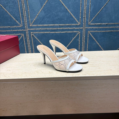 GG Women's Crystal Slide 8.5cm Sandal White Mesh Leather 741298