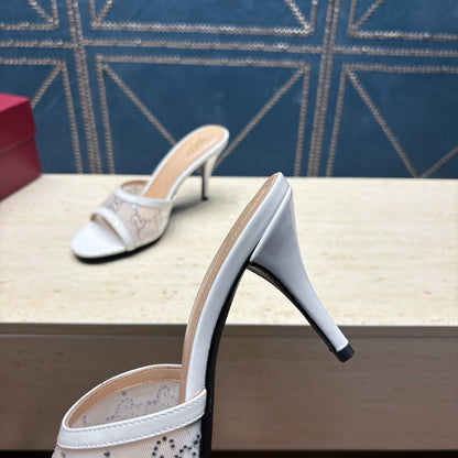 GG Women's Crystal Slide 8.5cm Sandal White Mesh Leather 741298