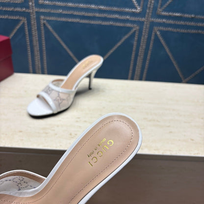 GG Women's Crystal Slide 8.5cm Sandal White Mesh Leather 741298