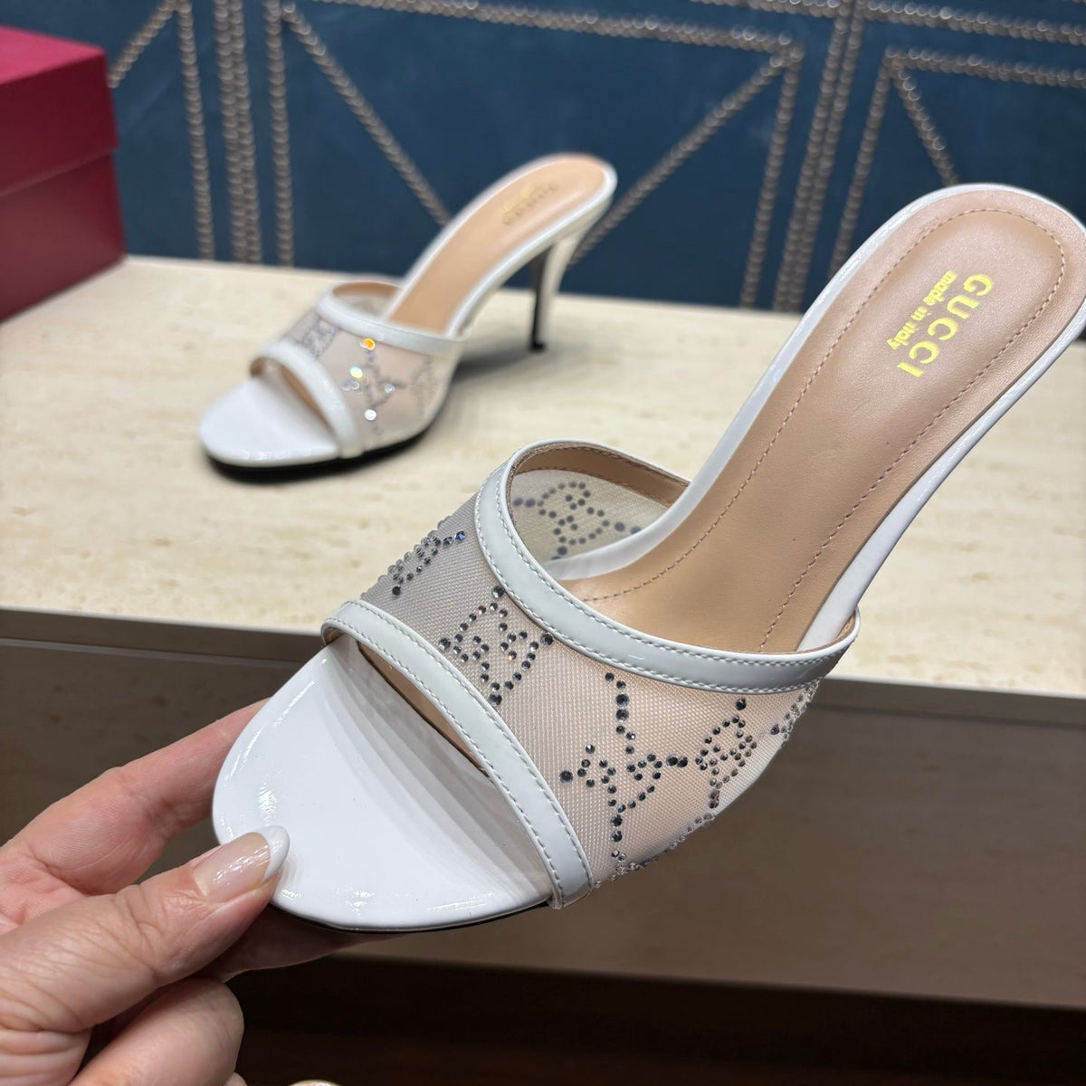 GG Women's Crystal Slide 8.5cm Sandal White Mesh Leather 741298