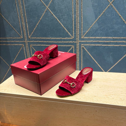GG 26ss Chunky Heel Sandals 55 Bugundy Velvet 741301
