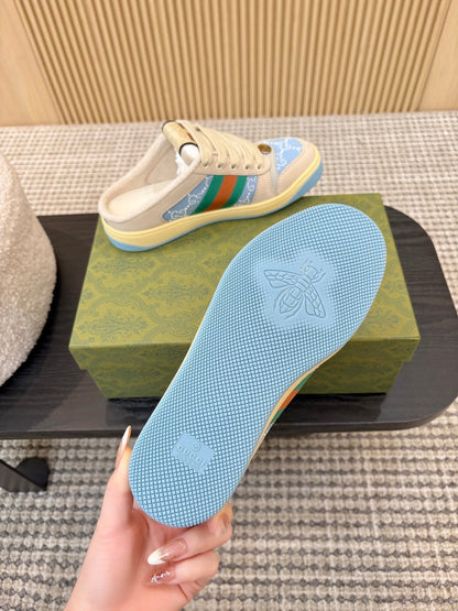 Gucci 26s Backless Sneakers In Blue Canvas And Beige Leather