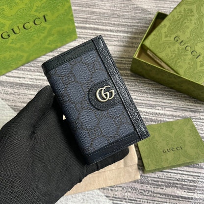 OPHIDIA GG 12 CARD CASE DARK BLUE CANVAS AND BLACK CALFSKIN