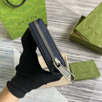 OPHIDIA GG 19 ZIP AROUND WALLET DARK BLUE CANVAS AND BLACK CALFSKIN