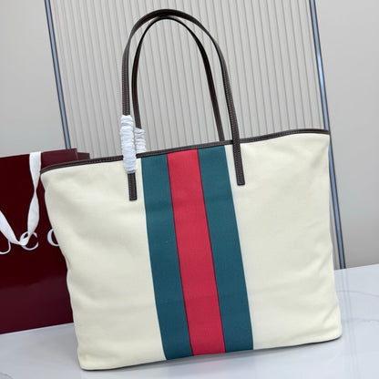 GG Tribeca Large Tote Bag Cream Red Green Canvas Cowhide 141731