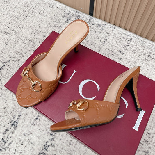 GG Sandal With Horsebit 8.5cm Brown Shiny Leather 752224