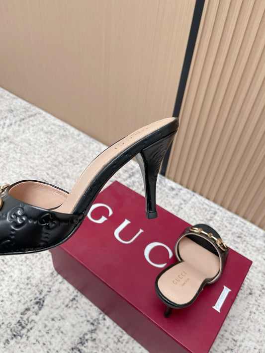 GG Sandal With Horsebit 8.5cm Black Shiny Leather 752225