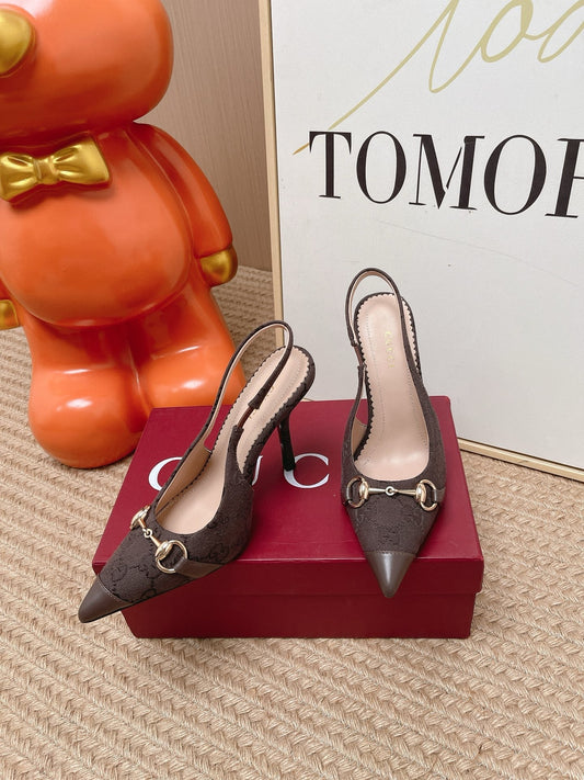 GG 26s Slingback Pump 10.5cm With Horsebit Coffee Leather Canvas 901311