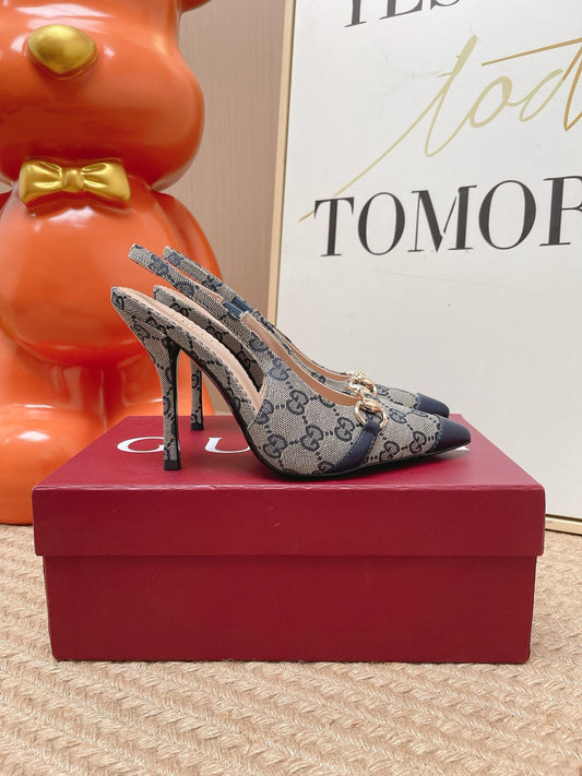 GG 26s Slingback Pump 10.5cm With Horsebit Dark Blue Leather Canvas 901312
