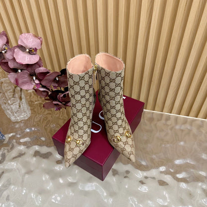 Gucci 2025 Thick-heeled Square-toed Ankle Boots Beige Gold Sheepskin Fabric 498067