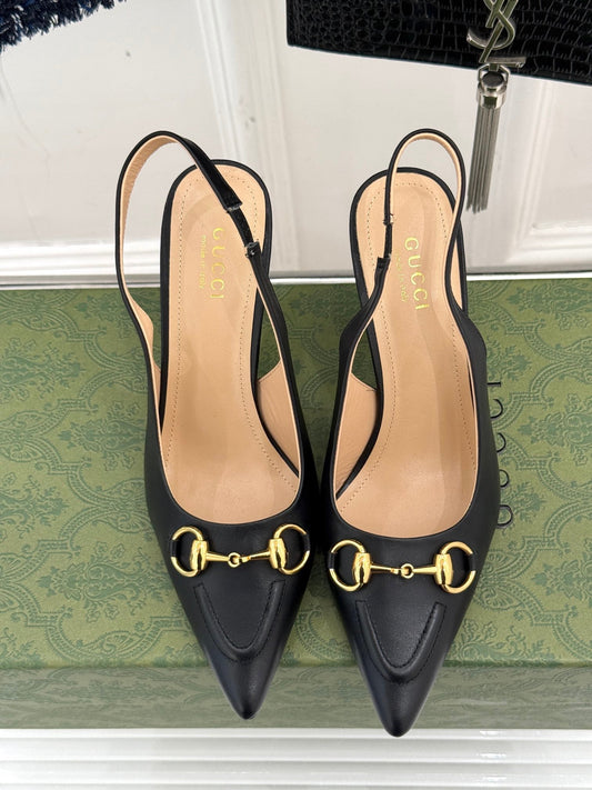 GG Horsebit Slingback 85MM Black Leather Point Toe
