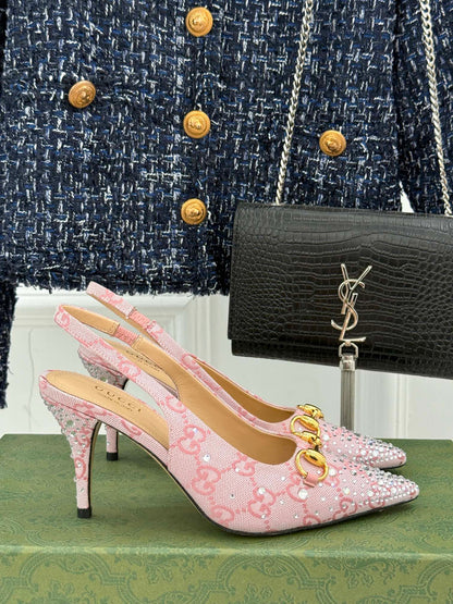 GG Horsebit Slingback 100MM Beige Pink Monogram Canvas Point Toe Crystal-Embellished