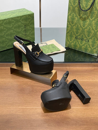 GG WOMEN'S HORSEBIT PLATFORM SLINGBACK IN BLACK CALFSKIN