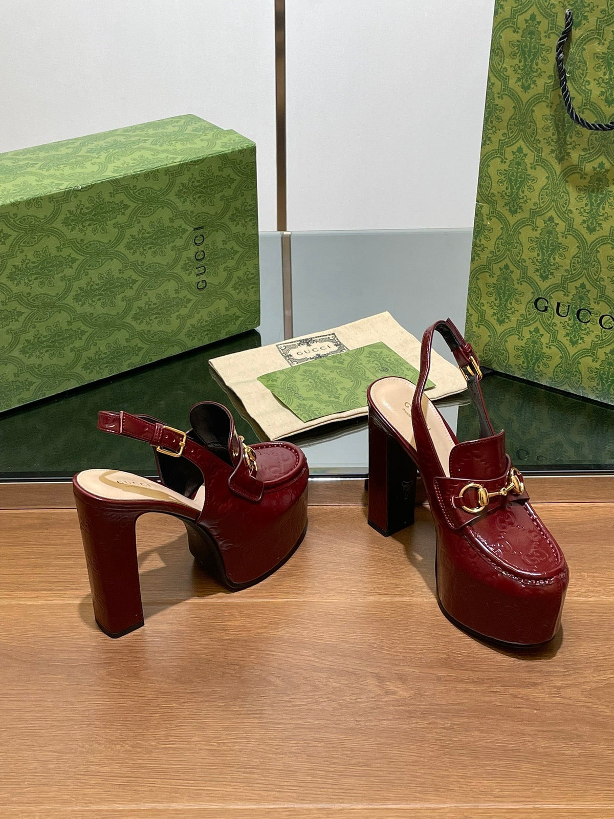 GG WOMEN'S HORSEBIT PLATFORM SLINGBACK IN  ROSSO ANCORA RED CALFSKIN