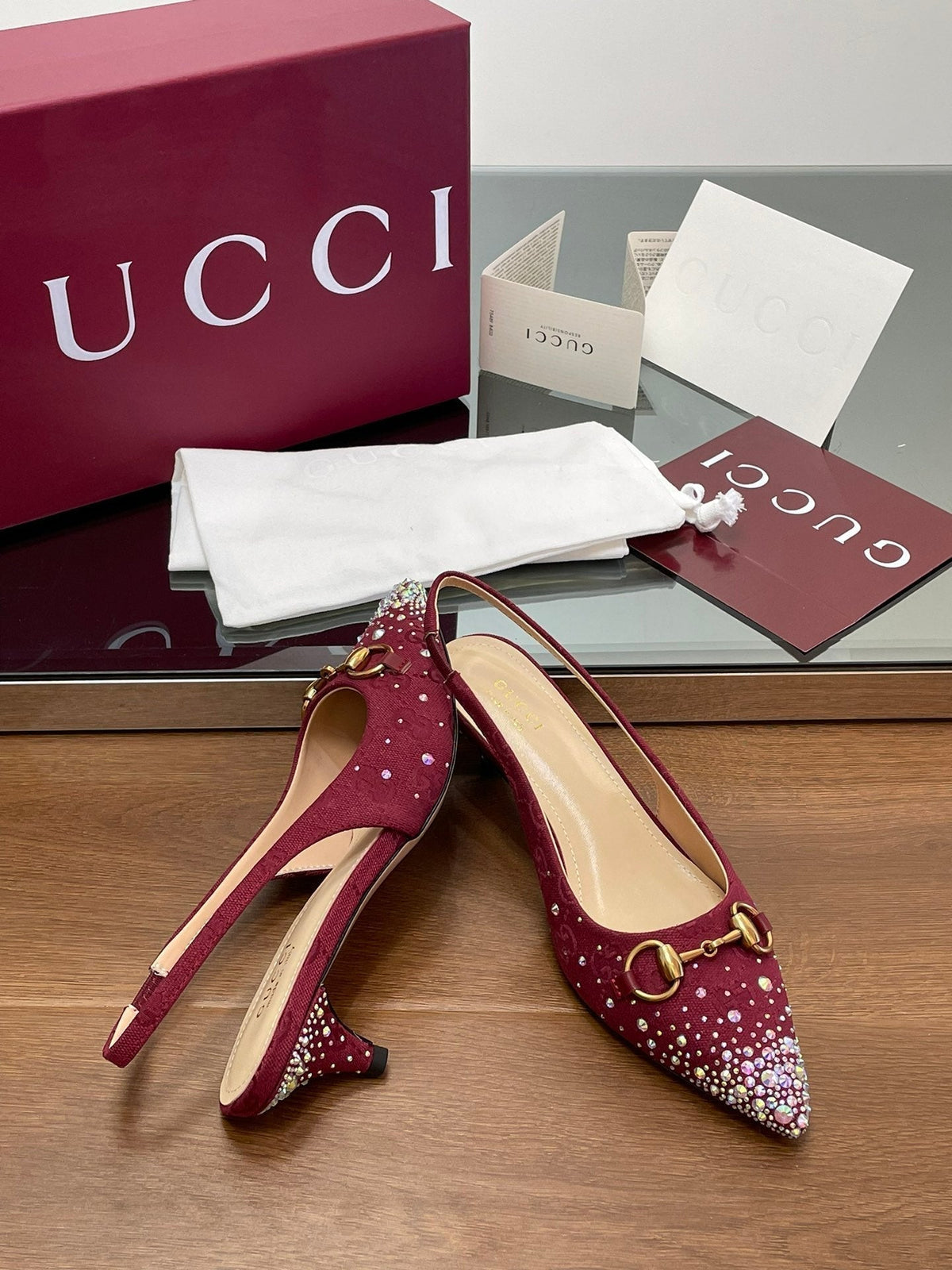 GG Horsebit Slingback 45MM Red Ebony Monogram Canvas Point Toe Crystal-Embellished