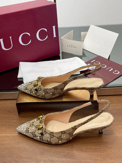 GG Horsebit Slingback 45MM Beige Ebony Monogram Canvas Point Toe Crystal-Embellished