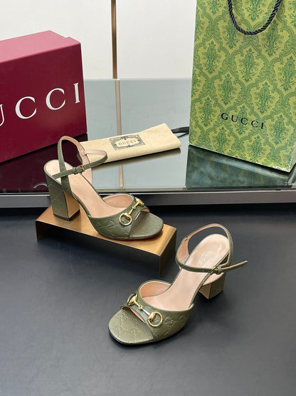 GG Women Horsebit Embossed High Heel Sandal Open Toe Olive Sheepskin 149219