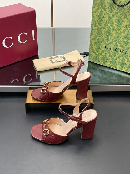 GG Women Horsebit Embossed High Heel Sandal Open Toe Burgundy Sheepskin 149227