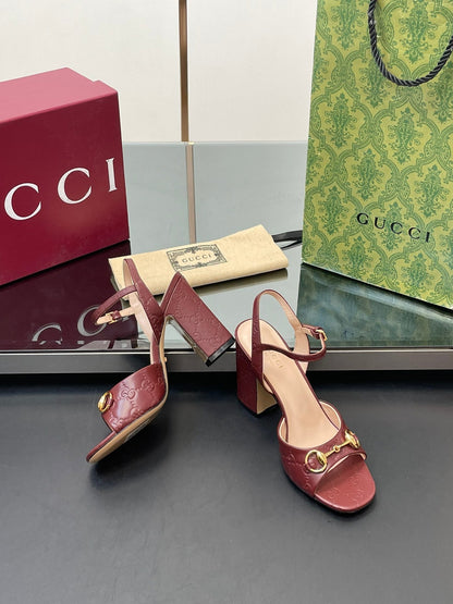 GG Women Horsebit Embossed High Heel Sandal Open Toe Burgundy Sheepskin 149227