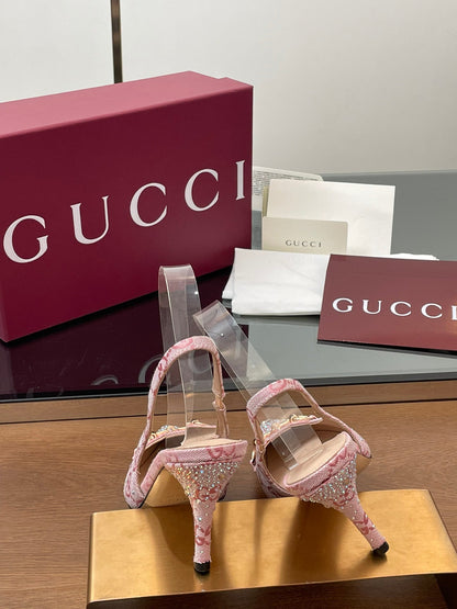 GG Horsebit Slingback 45MM Pink Ebony Monogram Canvas Point Toe Crystal-Embellished